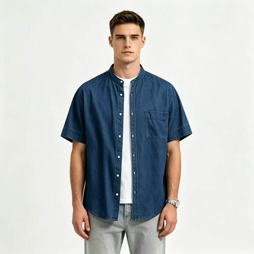 J6447外贸日单男士立领牛仔短袖衬衫薄款宽松口袋衬衣休闲上衣
