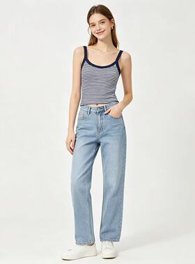 U5289外贸欧美条纹螺纹吊带背心女 U 领修身显瘦弹力内搭打底小衫