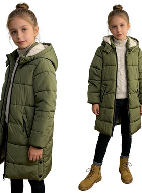 K4550外贸欧美单儿童长款棉服冬季新款连帽加厚保暖男女童棉衣