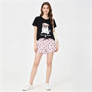 N7379外贸欧美卡通睡衣女夏季短袖短裤可爱印花宽松家居服睡裤