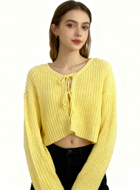 D5157任3件包邮外贸欧美单女生针织开衫新款V领系带设计短款上衣