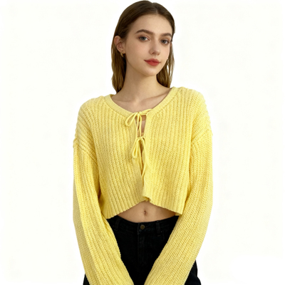 D5157任3件包邮外贸欧美单女生针织开衫新款V领系带设计短款上衣