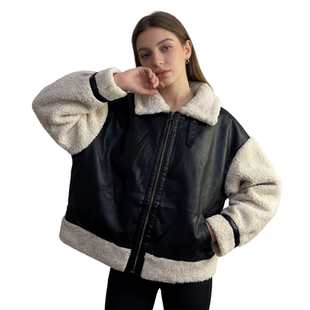 G9568外贸日单女士时尚 翻领拉链拼色保暖棉衣 拼皮棉服冬款