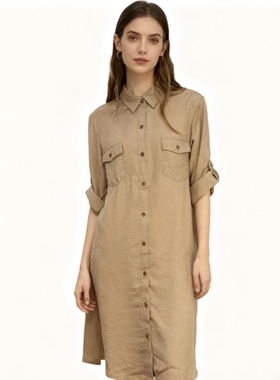 NN2785任3件包邮外贸欧美女装衬衫裙七分袖宽松翻领纽扣连衣裙