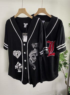 V6915外贸欧美潮流时尚V领单排扣上衣新款棒球服短袖印花宽松T恤