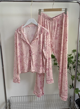 KK5423任3件包邮外贸日单女士家居服套装翻领印花睡衣松紧腰睡裤