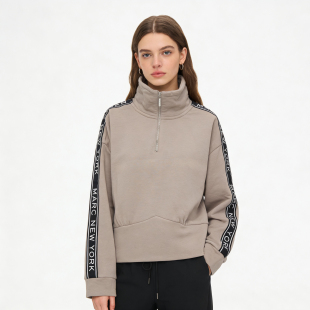 N0325外贸欧美女士加绒卫衣新款 立领半拉链套头拼色宽松加厚外套