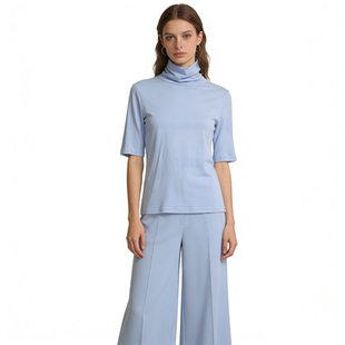 高领套头纯色修身 H9563外贸日单女士短袖 新款 春季 百搭上衣 打底衫