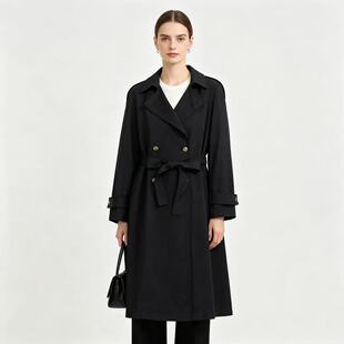 HH5842外贸欧美风气质长款风衣女新款 翻领双排扣腰带收腰外套