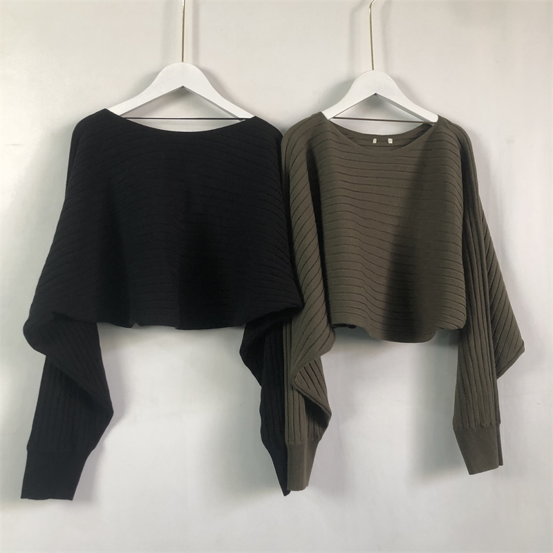 BB1027任3件包邮外贸欧美女士短款毛衣冬季新款圆领蝙蝠袖针织衫