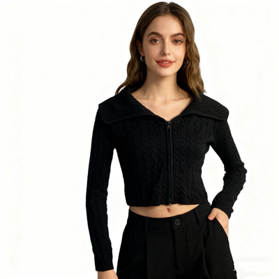 G7258任3件包邮外贸欧美女士针织开衫新款大翻领拉链修身短款毛衣