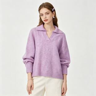 Q7424外贸欧美翻领 Polo 领毛衣女秋季新款V字开口宽松落肩针织衫