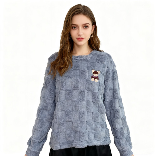 A1454任3件包邮时尚男生毛绒家居服上衣秋冬新款圆领摇粒绒睡衣