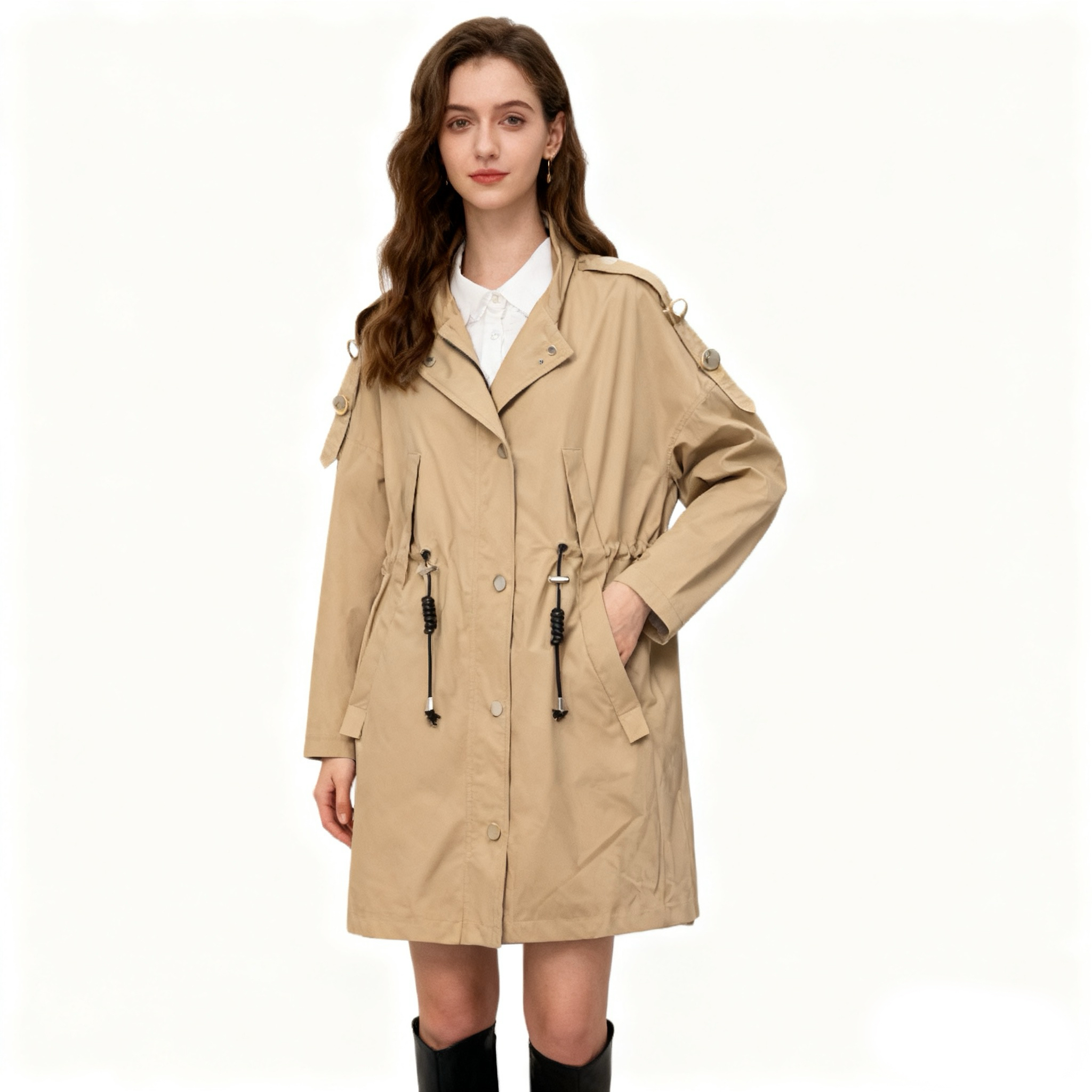 C0158任3件包邮外贸韩版女士风衣秋款立领收腰休闲时尚中长款外套