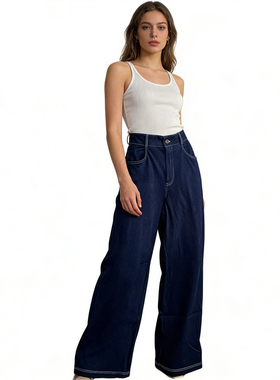 B9435外贸欧美单女士牛仔裤新款中高腰宽松显瘦直筒裤休闲长裤