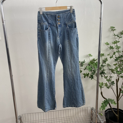 C2780任3件包邮外贸日单女装牛仔裤秋季新款高腰三粒扣开叉喇叭裤
