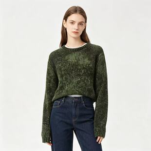 II4210外贸复古雪尼尔针织衫女圆领宽松显瘦保暖长袖毛衣打底衫