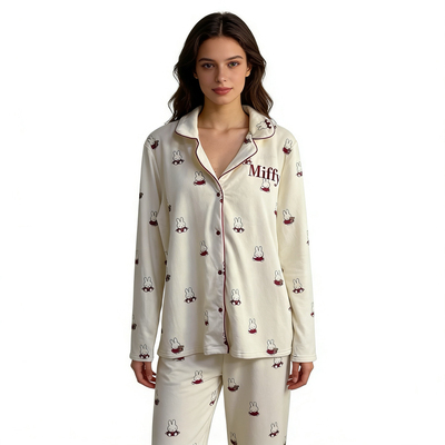 E7853外贸欧美女生家居服套装新款双面绒卡通翻领睡衣松紧腰睡裤