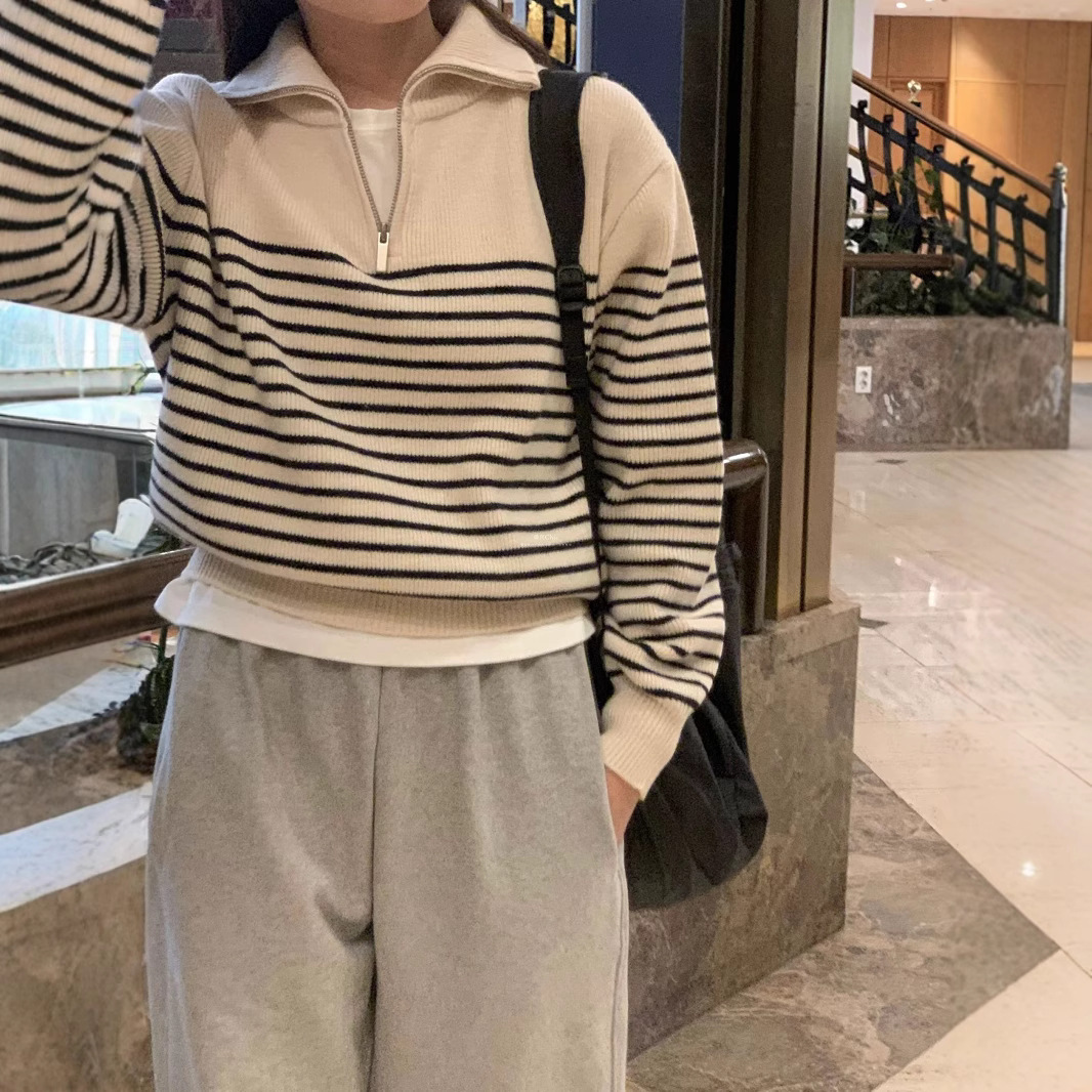 法式高级感半开领条纹针织衫女春秋季2025新款小众不撞款韩系上衣