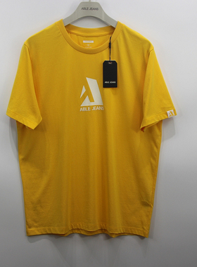 中性款ABLE JEANS男女短袖体恤全棉立体宽松圆领印花黄色潮流半袖