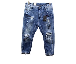 新款ABLE JEANS男士八分裤立体大V破洞裤时尚印花弹力牛仔休闲裤