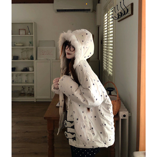TUDOU土豆猫甜美可爱白色连帽棉服女宽松2026年新款冬季保暖棉衣