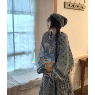 TUDOU土豆猫甜美灰色星星卫衣外套女宽松显瘦2026新款泡泡袖上衣