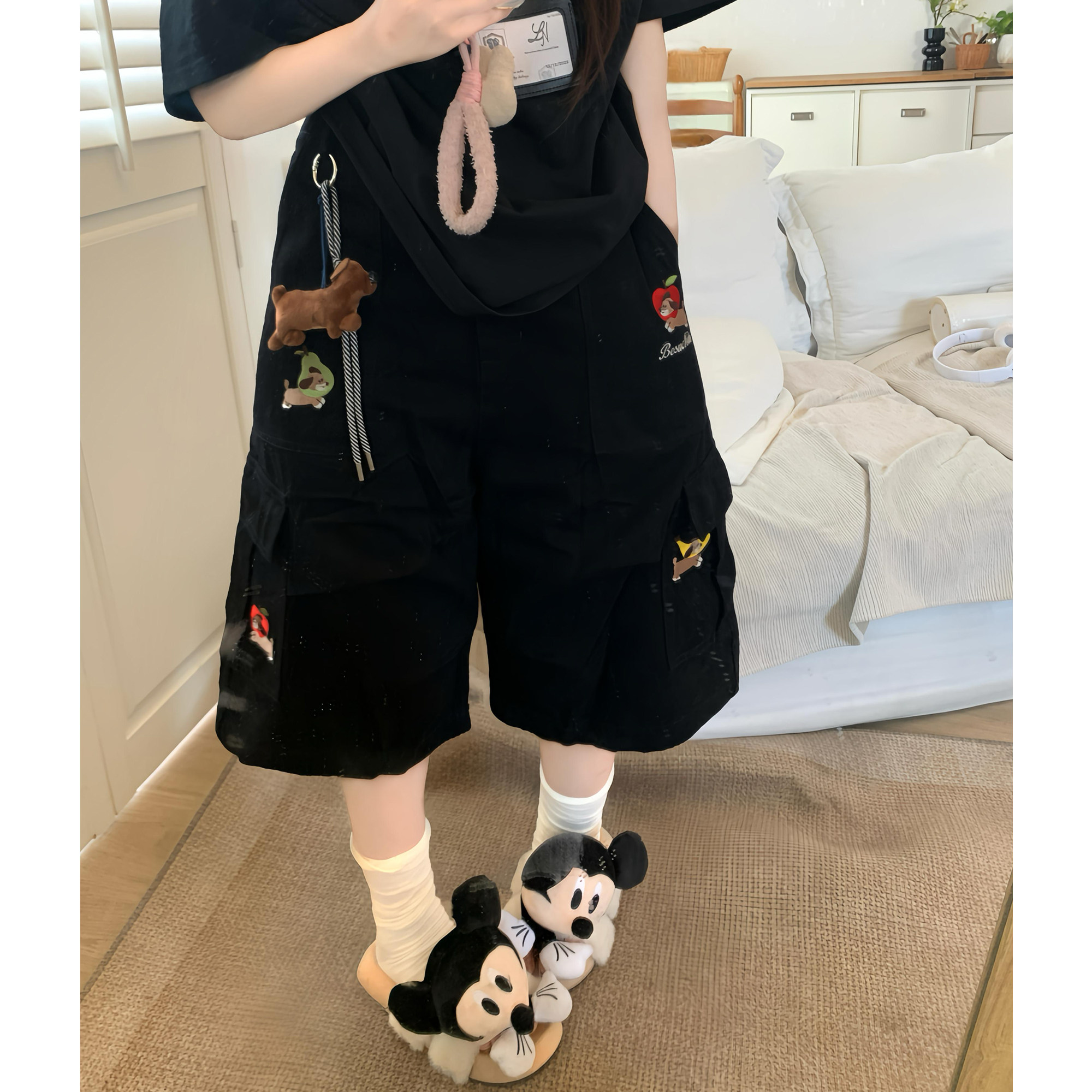 TUDOU土豆猫少年感黑色七分裤女小个子2026新款宽松阔腿工装短裤