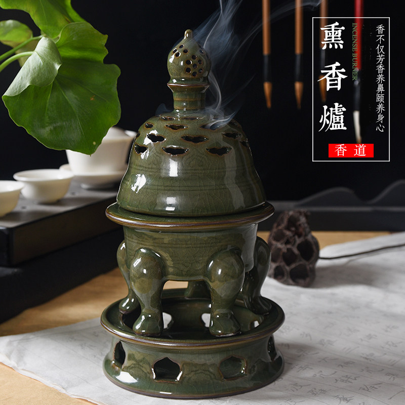 龙泉铁胎三节炉青瓷倒流香道烧香炉檀香熏炉室内创意家用熏香炉