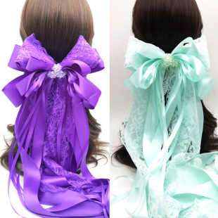 果绿色紫色汉服配饰长飘带伴娘定制布艺夸张超大蕾丝蝴蝶结发夹