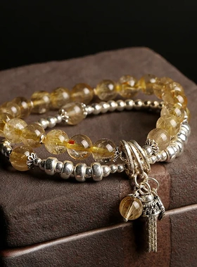 女式金发晶手链复古银饰流苏手链创意叠戴双层手链民族风