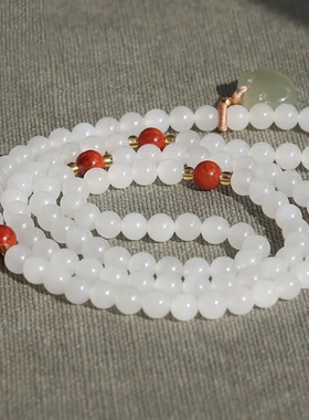 和田白玉108颗佛珠手链 6mm圆珠项链手链两用款 女简约念珠手串