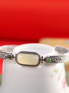 人品银品s925银镶和田青玉手镯做旧女士编织纹手饰时尚复古手链