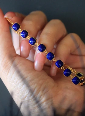 阿富汗天然青金石镶嵌s925纯银镀金手链简约百搭时尚轻奢中国风