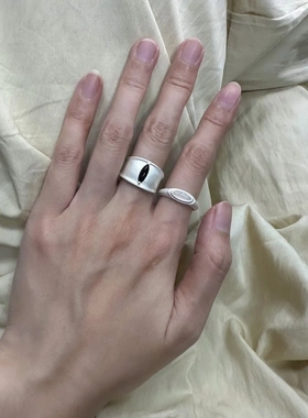 董洁同款925纯银黑洞戒指 黑曜石黑白玛瑙小众设计手工个性肌理感