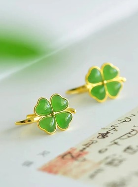复古和田碧玉爱心幸运草耳扣古法金镶嵌碧玉耳钉女款饰品
