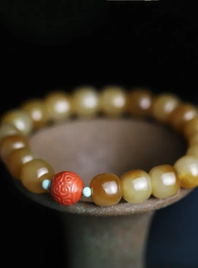 和田玉糖白玉手串9*10mm老型珠单圈DIY女南红回纹珠简约饰品手链