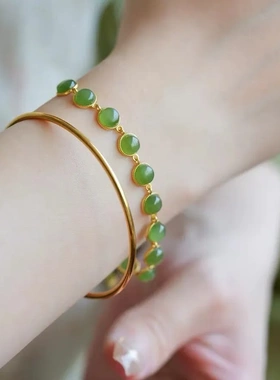 S925银镀金镶嵌碧玉豆豆手链 DIY原创设计精致经典简约款手链