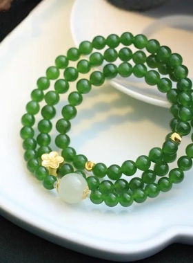 上新女式和田玉碧玉手串菠菜绿圆珠多圈手链s925纯银复古手链民族