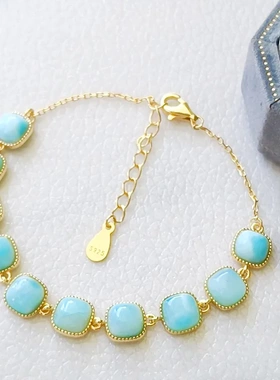 天然海纹石手链镶嵌S925银镀18k金简约经典10颗方形界面7*7mm手饰