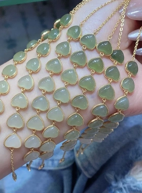 天然和田玉青海料爱心925银手链渐变银手饰女时尚简约百搭 礼物