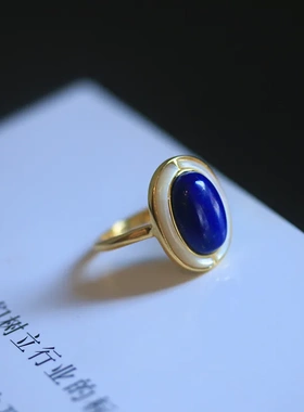 s925通体纯银镀金镶嵌天然青金石戒指活口可调大小简约百搭饰品女