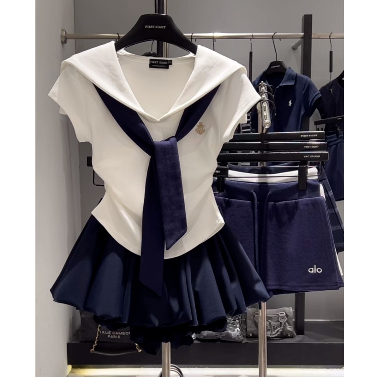 韩系一整套海军领休闲运动服套装女夏季假两件披肩+短裙两件套ins