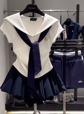 韩系一整套海军领休闲运动服套装女夏季假两件披肩+短裙两件套ins