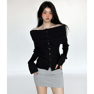 打底衫 女甜酷辣妹设计感小众长袖 上衣 复古黑色一字肩针织开衫 美式