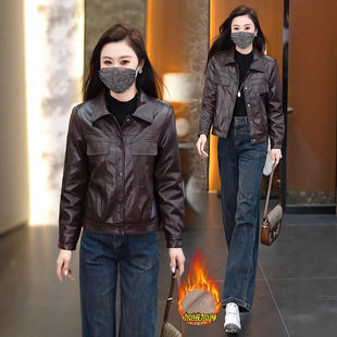 时尚加绒加厚短款皮衣外套女冬季新款小个子百搭保暖PU皮夹克棉服