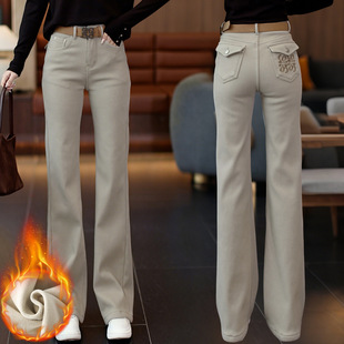 奶茶色复古刺绣加绒微喇牛仔裤女秋冬2025年新款弹力直筒喇叭裤子