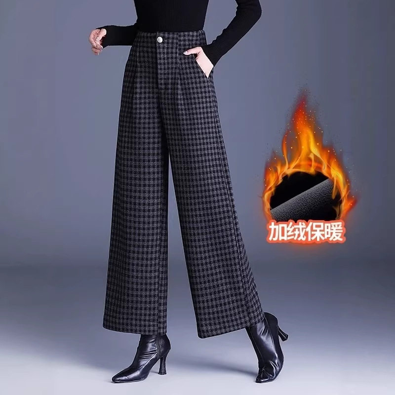 阔腿裤女加绒加厚千鸟格外穿冬季大码毛呢高腰显瘦宽松裤子九分裤