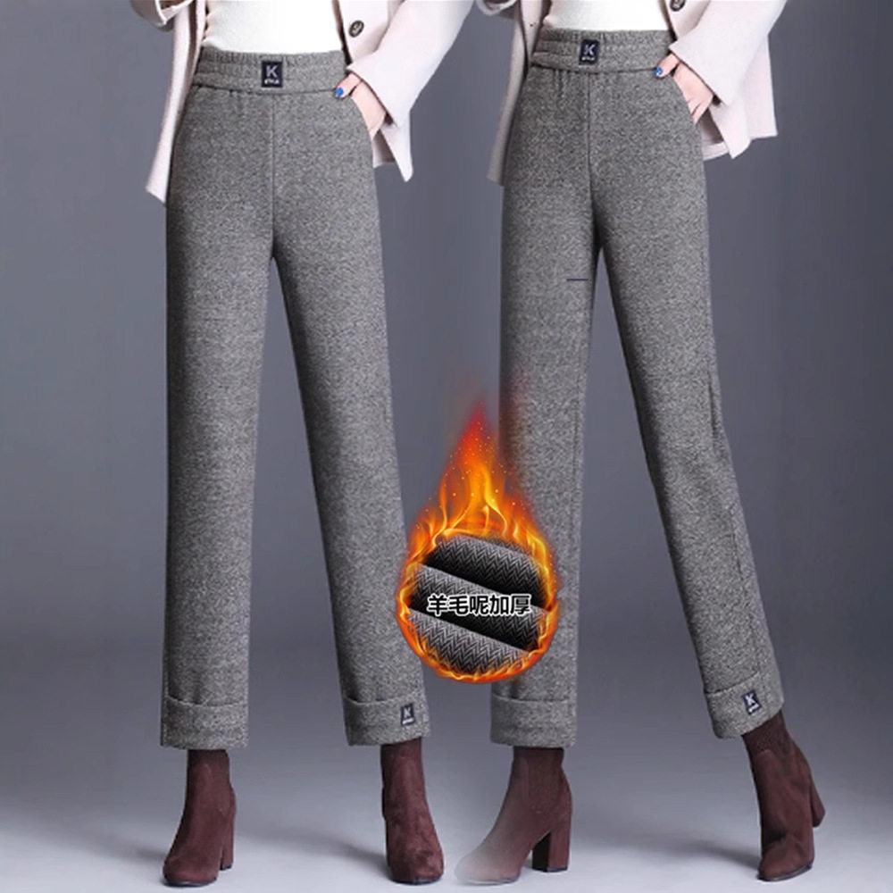 加绒加厚羊毛呢窄版阔腿裤女冬季新款宽松高腰显瘦九分裤直筒裤子
