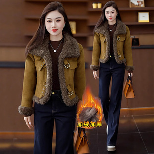 羊羔毛拼接外贸麂皮绒机车外套女2025秋冬新款修身显瘦小个子上衣